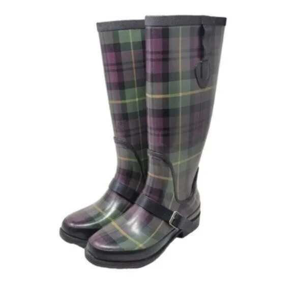 L.L. Bean | Womens Wellies Rain Boots Plaid Purple Green - Picture 1 of 14